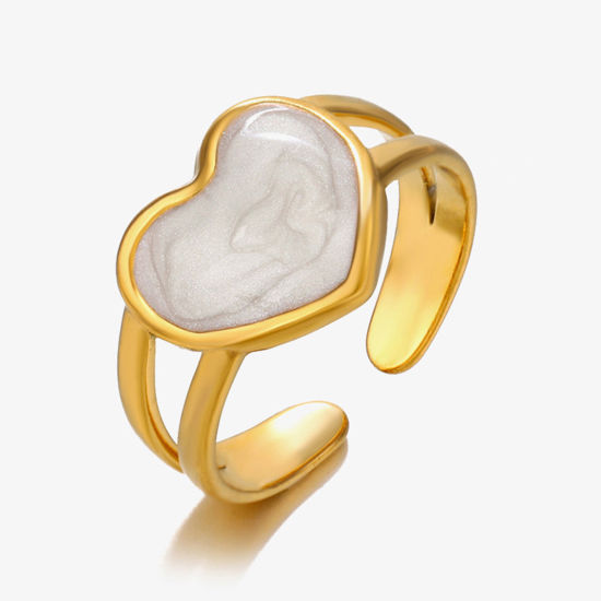 Image de 1 Pièce Placage sous Vide Vintage Bagues Ouvert Simple en 304 Acier Inoxydable Plaqué Or 18K Blanc Cœur Émail Pour Femmes Fête 17mm (Taille d'US 6.5)