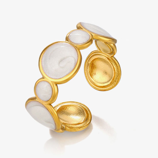 Image de 1 Pièce Placage sous Vide Vintage Bagues Ouvert Simple en 304 Acier Inoxydable Plaqué Or 18K Blanc Rond Émail Pour Femmes Fête 17mm (Taille d'US 6.5)
