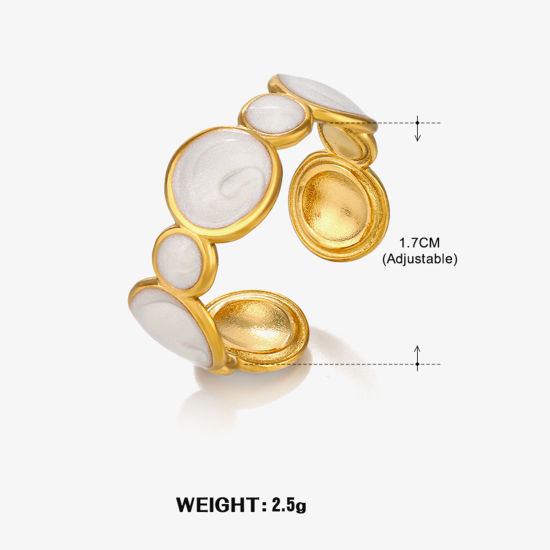 Image de 1 Pièce Placage sous Vide Vintage Bagues Ouvert Simple en 304 Acier Inoxydable Plaqué Or 18K Blanc Rond Émail Pour Femmes Fête 17mm (Taille d'US 6.5)