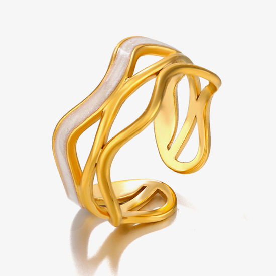 Image de 1 Pièce Placage sous Vide Vintage Bagues Ouvert Simple en 304 Acier Inoxydable Plaqué Or 18K Blanc Vague Motifs ligne Émail Pour Femmes Fête 17mm (Taille d'US 6.5)