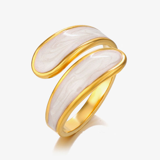 Image de 1 Pièce Placage sous Vide Vintage Bagues Ouvert Simple en 304 Acier Inoxydable Plaqué Or 18K Blanc Émail Pour Femmes Fête 17mm (Taille d'US 6.5)