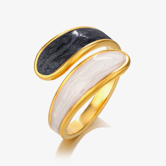 Image de 1 Pièce Placage sous Vide Vintage Bagues Ouvert Simple en 304 Acier Inoxydable Plaqué Or 18K Noir & Blanc Émail Pour Femmes Fête 17mm (Taille d'US 6.5)