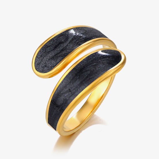 Image de 1 Pièce Placage sous Vide Vintage Bagues Ouvert Simple en 304 Acier Inoxydable Plaqué Or 18K Noir Émail Pour Femmes Fête 17mm (Taille d'US 6.5)