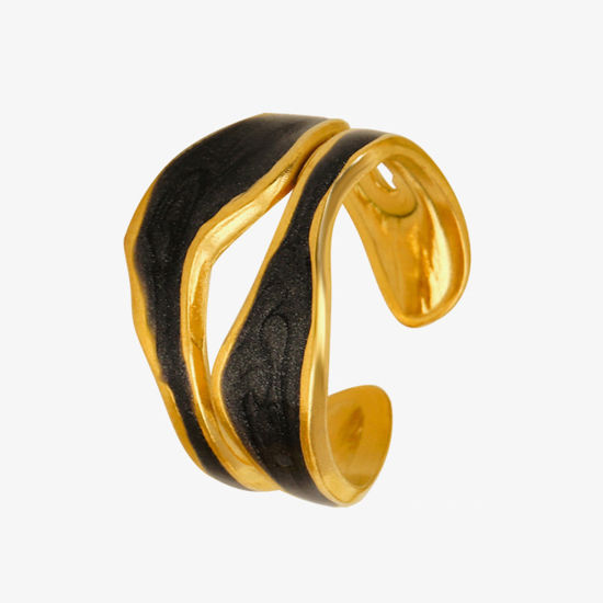 Image de 1 Pièce Placage sous Vide Vintage Bagues Ouvert Simple en 304 Acier Inoxydable Plaqué Or 18K Noir Émail Pour Femmes Fête 17mm (Taille d'US 6.5)