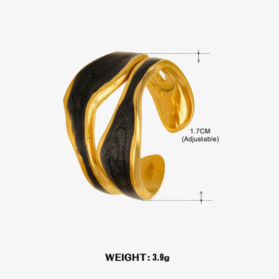 Image de 1 Pièce Placage sous Vide Vintage Bagues Ouvert Simple en 304 Acier Inoxydable Plaqué Or 18K Noir Émail Pour Femmes Fête 17mm (Taille d'US 6.5)