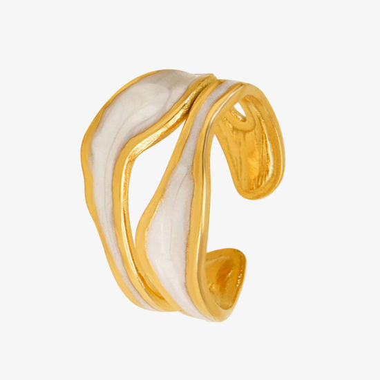 Image de 1 Pièce Placage sous Vide Vintage Bagues Ouvert Simple en 304 Acier Inoxydable Plaqué Or 18K Blanc Émail Pour Femmes Fête 17mm (Taille d'US 6.5)
