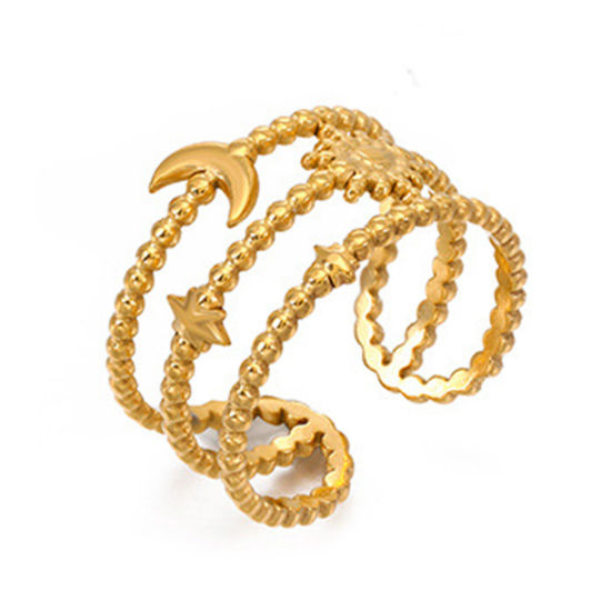 Image de 1 Pièce Placage sous Vide À la Mode Bagues Ouvert Simple en 304 Acier Inoxydable Plaqué Or 18K Demi Lune Etoile Pour Femmes Fête 17mm (Taille d'US 6.5)