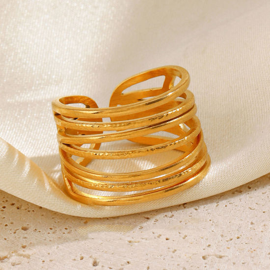 Image de 1 Pièce Placage sous Vide À la Mode Bagues Ouvert Simple en 304 Acier Inoxydable Plaqué Or 18K Motifs ligne Pour Femmes Fête 17mm (Taille d'US 6.5)