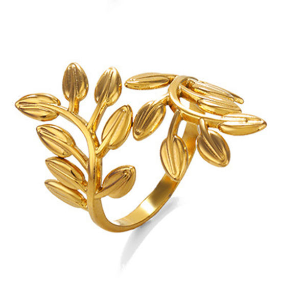 Image de 1 Pièce Placage sous Vide À la Mode Bagues Ouvert Simple en 304 Acier Inoxydable Plaqué Or 18K Feuilles Pour Femmes Fête 17mm (Taille d'US 6.5)