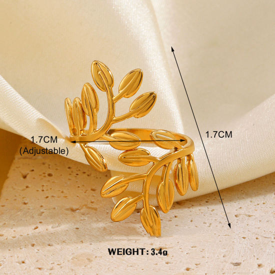 Image de 1 Pièce Placage sous Vide À la Mode Bagues Ouvert Simple en 304 Acier Inoxydable Plaqué Or 18K Feuilles Pour Femmes Fête 17mm (Taille d'US 6.5)