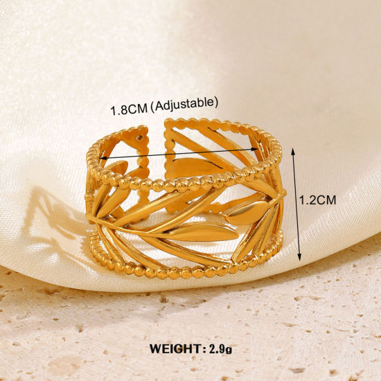 Image de 1 Pièce Placage sous Vide À la Mode Bagues Ouvert Simple en 304 Acier Inoxydable Plaqué Or 18K Feuilles Pour Femmes Fête 17mm (Taille d'US 6.5)