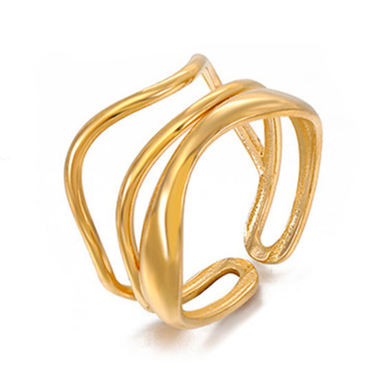 Image de 1 Pièce Placage sous Vide À la Mode Bagues Ouvert Simple en 304 Acier Inoxydable Plaqué Or 18K Vague Motifs ligne Pour Femmes Fête 17mm (Taille d'US 6.5)