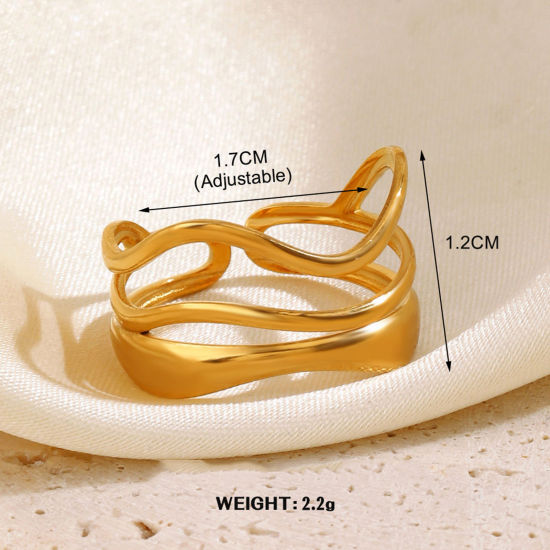 Image de 1 Pièce Placage sous Vide À la Mode Bagues Ouvert Simple en 304 Acier Inoxydable Plaqué Or 18K Vague Motifs ligne Pour Femmes Fête 17mm (Taille d'US 6.5)