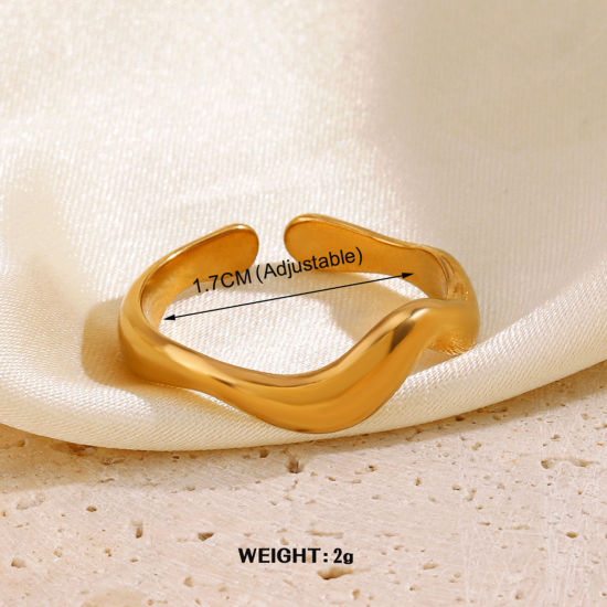 Image de 1 Pièce Placage sous Vide À la Mode Bagues Ouvert Simple en 304 Acier Inoxydable Plaqué Or 18K Vague Pour Femmes Fête 17mm (Taille d'US 6.5)