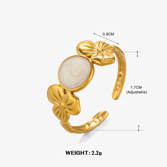 1 個 真空メッキ ファッション おしゃれ Hip-Hop 18Kゴールドメッキ 白 304ステンレス鋼 オープン 円形 花 エナメル リング 指輪 女性のため パーティ 17mm (日本サイズ約13号)、 の画像