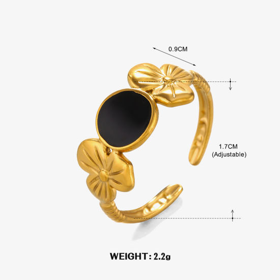 1 個 真空メッキ ファッション おしゃれ Hip-Hop 18Kゴールドメッキ 黒 304ステンレス鋼 オープン 円形 花 エナメル リング 指輪 女性のため パーティ 17mm (日本サイズ約13号)、 の画像