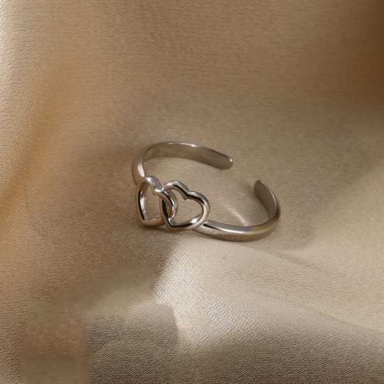 Image de 1 Pièce Bagues Ouvert Simple en 304 Acier Inoxydable À la Mode Argent Mat Cœur Pour Femmes 17mm (Taille d'US 6.5)