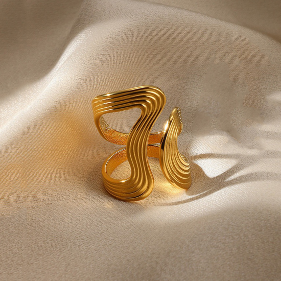 Image de 1 Pièce Bagues Ouvert Simple en 304 Acier Inoxydable Revêtement sous Vide PVD Respectueux de l'Environnement À la Mode Plaqué Or 18K Pour Femmes 17mm (Taille d'US 6.5)