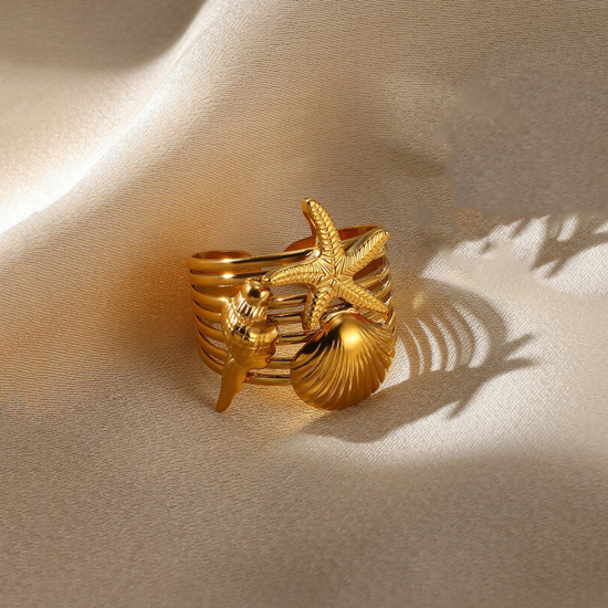 Image de 1 Pièce Bagues Ouvert Bijoux d'Océan en 304 Acier Inoxydable Revêtement sous Vide PVD Respectueux de l'Environnement À la Mode Plaqué Or 18K Etoile de Mer Coquilles Pour Femmes 17mm (Taille d'US 6.5)
