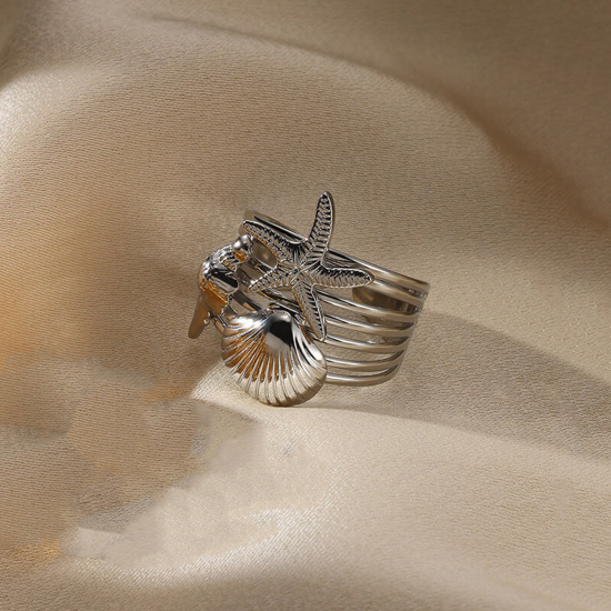 Image de 1 Pièce Bagues Ouvert Bijoux d'Océan en 304 Acier Inoxydable À la Mode Argent Mat Etoile de Mer Coquilles Pour Femmes 17mm (Taille d'US 6.5)
