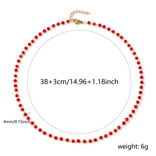 18Kリアルゴールドメッキ ビーズチェーン チョーカーネックレス、 304ステンレス鋼＋水晶 38cm + 3cm、 女性のため、 赤ワイン色 ファセット・カット、 素敵 プレゼント、 エコフレンドリー PVD真空メッキ、 1 本 の画像