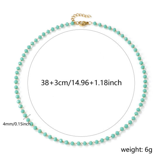 18Kリアルゴールドメッキ ビーズチェーン チョーカーネックレス、 304ステンレス鋼＋水晶 38cm + 3cm、 女性のため、 青磁色 ファセット・カット、 素敵 プレゼント、 エコフレンドリー PVD真空メッキ、 1 本 の画像