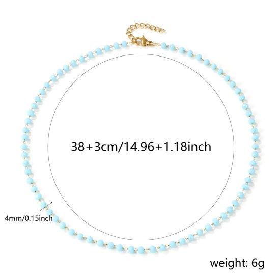 18Kリアルゴールドメッキ ビーズチェーン チョーカーネックレス、 304ステンレス鋼＋水晶 38cm + 3cm、 女性のため、 水色 ファセット・カット、 素敵 プレゼント、 エコフレンドリー PVD真空メッキ、 1 本 の画像