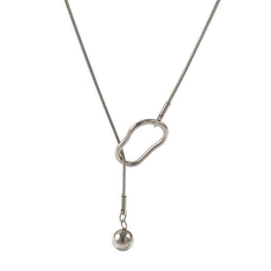 Image de Collier Lariat en Forme de Y Rond Argent Mat en 304 Acier Inoxydable Pour Femmes, Chaîne Maille Serpent 64cm, À la Mode Cadeau, Respectueux de la Nature, 1 Pièce