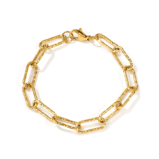 Image de Bracelets En Gros Plaqué Or Véritable 18K en 304 Acier Inoxydable, Chaîne de Trombone PVD Écologique Imperméable Anti-Tarnissure Hypoallergénique, Unisexe Élégant Minimaliste Cadeau Fournitures de Bijoux 19cm long, Taille de la Chaîne: 7mm, 1 Pièce