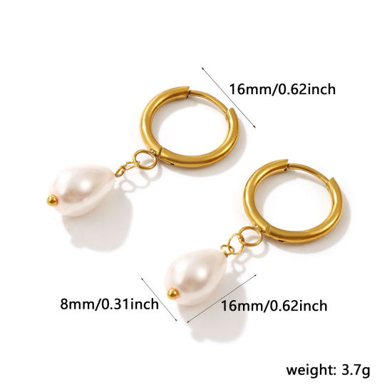 1 ペア エコフレンドリー 真空メッキ 甘くてかわいい 素敵 金メッキ 薄ピンク 304ステンレス鋼 + アクリル 滴 ドロップ パール模造 フープピアス 女性のため プレゼント 3.8cm x 1.6cm、 ポスト/ワイヤサイズ： 1mm（18号）、 の画像