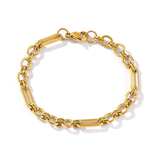 Image de Bracelets En Gros Plaqué Or Véritable 18K en 304 Acier Inoxydable, Chaîne à Maillons Faite à la Main Placage Sous Vide PVD Écologique Imperméable Anti-ternissement Hypoallergénique, aux Femmes Exquis Élégant Cadeau Fournitures de Bijoux 18cm long, Taille de la Chaîne: 7mm, 1 Pièce