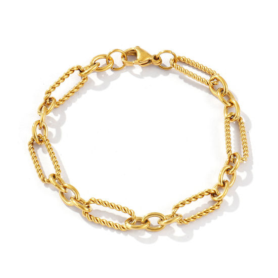 Image de Bracelets En Gros Plaqué Or Véritable 18K en 304 Acier Inoxydable, Chaîne à Maillons Faite à la Main Placage Sous Vide PVD Écologique Imperméable Anti-ternissement Hypoallergénique, aux Femmes Exquis Élégant Cadeau Fournitures de Bijoux 19cm long, Taille de la Chaîne: 7mm, 1 Pièce