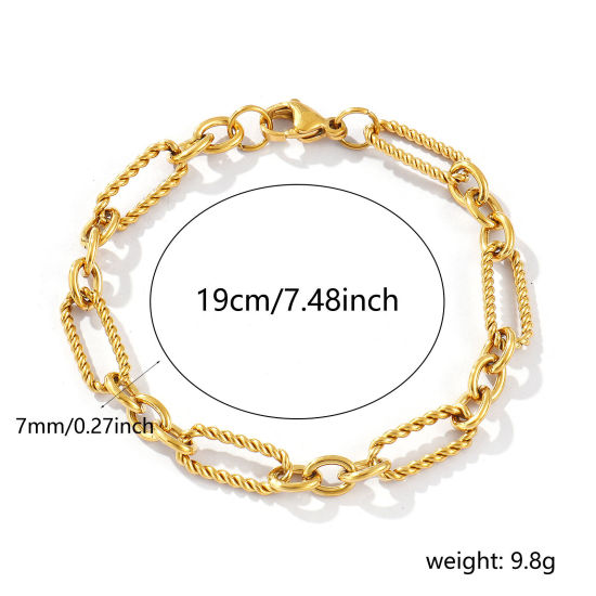 Image de Bracelets En Gros Plaqué Or Véritable 18K en 304 Acier Inoxydable, Chaîne à Maillons Faite à la Main Placage Sous Vide PVD Écologique Imperméable Anti-ternissement Hypoallergénique, aux Femmes Exquis Élégant Cadeau Fournitures de Bijoux 19cm long, Taille de la Chaîne: 7mm, 1 Pièce