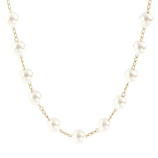 卸売り 白 パール模造 ビーズチェーン ステーションネックレス、 18Kリアルゴールドメッキ 304ステンレス鋼 + アクリル、 レディース エコフレンドリー PVD 防水 耐変色性の 低アレルギー性の 素敵 プレゼント小売宝飾 42cm + 5cm長さ、 チェーンサイズ: 8mm、 1 本 の画像