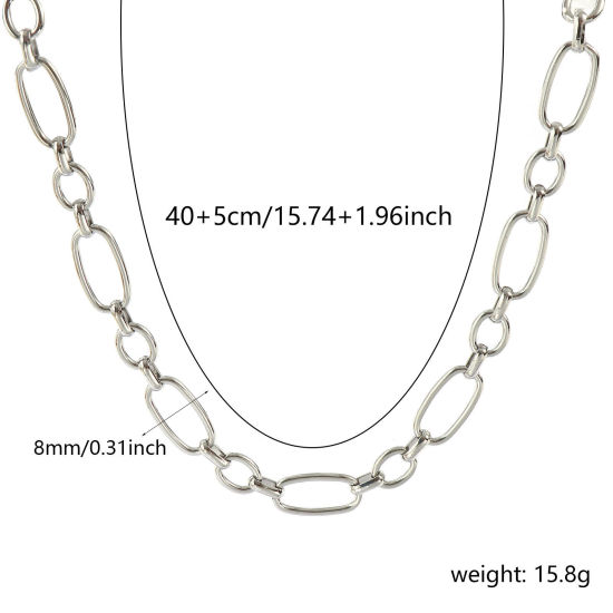 卸売り ハンドメイド手作りリンクチェーン ネックレス、 シルバートーン 304ステンレス鋼、 ユニセックス エコフレンドリー 素敵 シンプルでカジュアル プレゼント小売宝飾 40cm + 5cm長さ、 チェーンサイズ: 8mm、 1 本 の画像