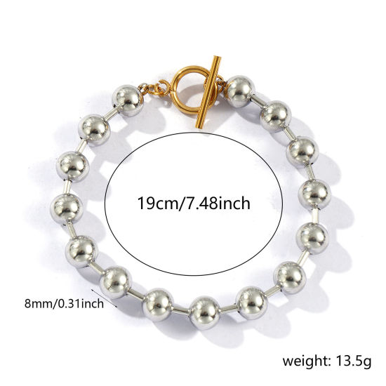 卸売り ツートンカラー ボールチェーン ブレスレット、 シルバートーン 304ステンレス鋼、 ユニセックス エコフレンドリー PVD真空メッキ ミニマリスト プレゼント小売宝飾 19cm長さ、 チェーンサイズ: 8mm、 1 本 の画像