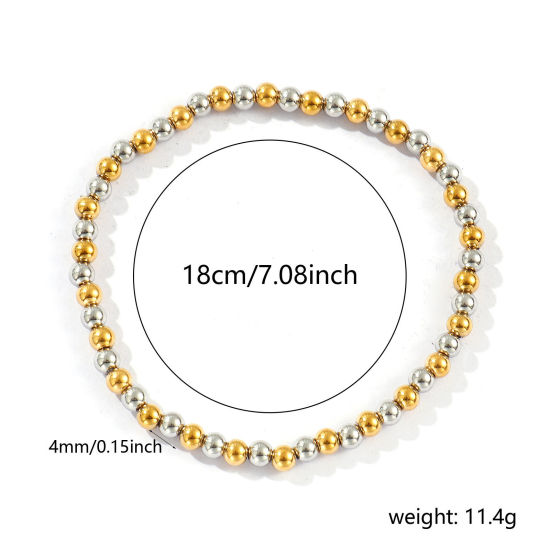 卸売り 弾力 4mm 304ステンレス鋼 ビーズブレスレット、 シルバートーン＆18Kゴールドメッキ エコフレンドリー PVD真空メッキ、 ユニセックス シンプル 雅びやか エレガント プレゼント宝飾の供給 18cm長さ、 1 本 の画像