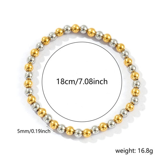 卸売り 弾力 5mm 304ステンレス鋼 ビーズブレスレット、 シルバートーン＆18Kゴールドメッキ エコフレンドリー PVD真空メッキ、 ユニセックス シンプル 雅びやか エレガント プレゼント宝飾の供給 18cm長さ、 1 本 の画像