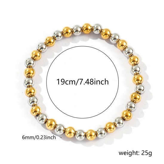 卸売り 弾力 6mm 304ステンレス鋼 ビーズブレスレット、 シルバートーン＆18Kゴールドメッキ エコフレンドリー PVD真空メッキ、 ユニセックス シンプル 雅びやか エレガント プレゼント宝飾の供給 19cm長さ、 1 本 の画像