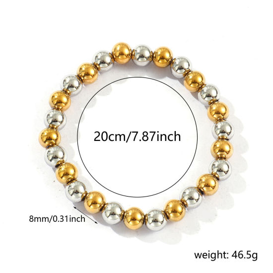 卸売り 弾力 8mm 304ステンレス鋼 ビーズブレスレット、 シルバートーン＆18Kゴールドメッキ エコフレンドリー PVD真空メッキ、 ユニセックス シンプル 雅びやか エレガント プレゼント宝飾の供給 20cm長さ、 1 本 の画像