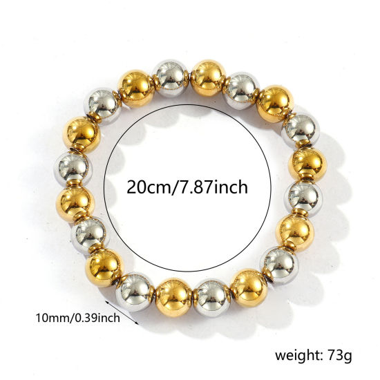 卸売り 弾力 10mm 304ステンレス鋼 ビーズブレスレット、 シルバートーン＆18Kゴールドメッキ エコフレンドリー PVD真空メッキ、 ユニセックス シンプル 雅びやか エレガント プレゼント宝飾の供給 20cm長さ、 1 本 の画像