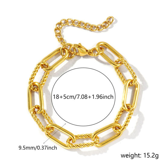卸売り 304ステンレス鋼 ペーパークリップチェーン ブレスレット、 18Kゴールドメッキ エコフレンドリー、 レディース シンプル ファッション おしゃれ プレゼント宝飾の供給 18cm長さ、 チェーンサイズ: 9.5mm、 1 本 の画像