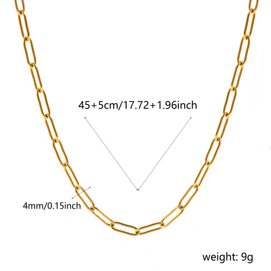 卸売り ペーパークリップチェーン ネックレス、 18Kリアルゴールドメッキ 304ステンレス鋼、 ユニセックス エコフレンドリー PVD 防水 耐変色性の 低アレルギー性の おしゃれ ミニマリスト プレゼント小売宝飾 45cm + 5cm長さ、 チェーンサイズ: 12x4mm、 1 本 の画像