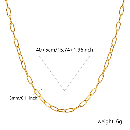 卸売り ペーパークリップチェーン ネックレス、 18Kリアルゴールドメッキ 304ステンレス鋼、 ユニセックス エコフレンドリー PVD 防水 耐変色性の 低アレルギー性の おしゃれ ミニマリスト プレゼント小売宝飾 40cm + 5cm長さ、 チェーンサイズ: 7.5x3mm、 1 本 の画像