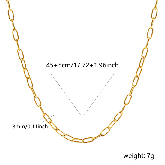 卸売り ペーパークリップチェーン ネックレス、 18Kリアルゴールドメッキ 304ステンレス鋼、 ユニセックス エコフレンドリー PVD 防水 耐変色性の 低アレルギー性の おしゃれ ミニマリスト プレゼント小売宝飾 45cm + 5cm長さ、 チェーンサイズ: 7.5x3mm、 1 本 の画像