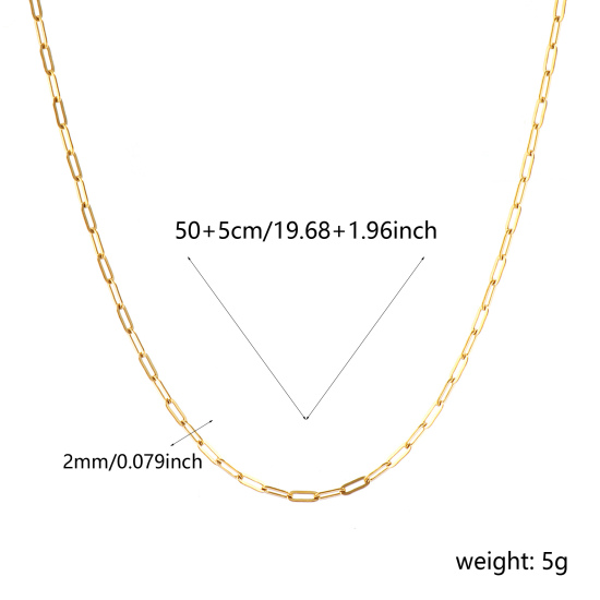 卸売り 平たい ペーパークリップチェーン ネックレス、 18Kリアルゴールドメッキ 304ステンレス鋼、 ユニセックス エコフレンドリー PVD 防水 耐変色性の 低アレルギー性の おしゃれ ミニマリスト プレゼント小売宝飾 50cm + 5cm長さ、 チェーンサイズ: 5x2mm、 1 本 の画像