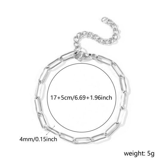卸売り 304ステンレス鋼 ペーパークリップチェーン ブレスレット、 シルバートーン エコフレンドリー、 ユニセックス おしゃれ ミニマリスト プレゼント宝飾の供給 17cm + 5cm長さ、 チェーンサイズ: 12x4mm、 1 本 の画像