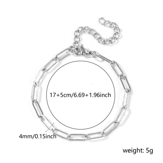 卸売り 平たい 304ステンレス鋼 ペーパークリップチェーン ブレスレット、 シルバートーン エコフレンドリー、 ユニセックス おしゃれ ミニマリスト プレゼント宝飾の供給 17cm + 5cm長さ、 チェーンサイズ: 12x4mm、 1 本 の画像