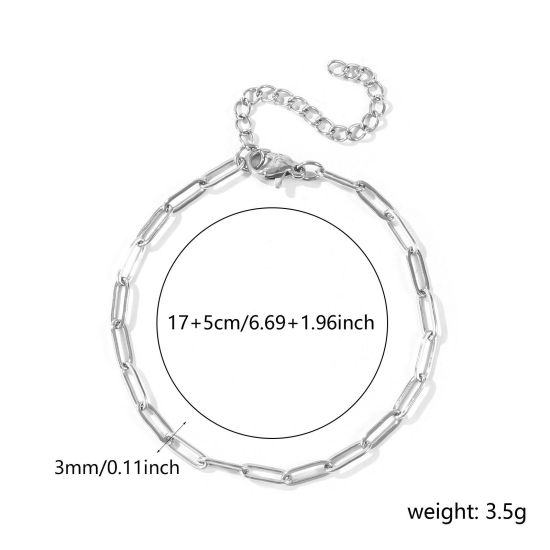 卸売り 平たい 304ステンレス鋼 ペーパークリップチェーン ブレスレット、 シルバートーン エコフレンドリー、 ユニセックス おしゃれ ミニマリスト プレゼント宝飾の供給 17cm + 5cm長さ、 チェーンサイズ: 9x3mm、 1 本 の画像