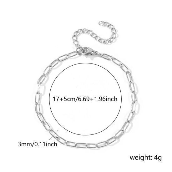 卸売り 304ステンレス鋼 ペーパークリップチェーン ブレスレット、 シルバートーン エコフレンドリー、 ユニセックス おしゃれ ミニマリスト プレゼント宝飾の供給 17cm + 5cm長さ、 チェーンサイズ: 7.5x3mm、 1 本 の画像